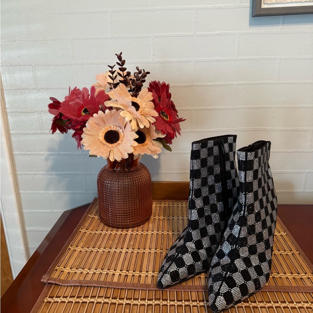 Wild Pair Black and Gray Checkered Ankle Boots